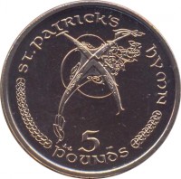 Isle of Man coin 5 Pounds - Elizabeth II - St Patrick's Hymn (2001 - 2003) reverse reverse of 5 Pounds - Elizabeth II - St Patrick's Hymn (2001 - 2003) coin with KM# 1044 from Isle of Man. Inscription: ST.PATRICK'S HYMN 5 POUNDS