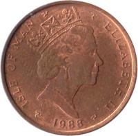 Isle of Man coin 1 Penny - Elizabeth II - 3'rd Portrait (1988 - 1995) obverse obverse of 1 Penny - Elizabeth II - 3'rd Portrait (1988 - 1995) coin with KM# 207 from Isle of Man. Inscription: ISLE OF MAN ELIZABETH II 1995