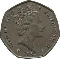 obverse of 50 Pence - Elizabeth II - 3'rd Portrait (1985 - 1987) coin with KM# 148 from Isle of Man. Inscription: ISLE OF MAN ELIZABETH II 1987