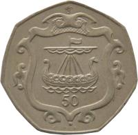 reverse of 50 Pence - Elizabeth II - 3'rd Portrait (1985 - 1987) coin with KM# 148 from Isle of Man. Inscription: 50