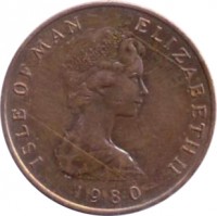 Isle of Man coin 2 Pence - Elizabeth II - 2'nd Portrait (1980 - 1983) obverse obverse of 2 Pence - Elizabeth II - 2'nd Portrait (1980 - 1983) coin with KM# 60 from Isle of Man. Inscription: ISLE OF MAN ELIZABETH II 1980