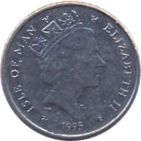 obverse of 5 Pence - Elizabeth II - 3'rd Portrait (1994 - 1995) coin with KM# 392 from Isle of Man. Inscription: ISLE OF MAN ELIZABETH II 1995