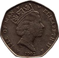 obverse of 20 Pence - Elizabeth II - 3'rd Portrait (1988 - 1992) coin with KM# 211 from Isle of Man. Inscription: ISLE OF MAN ELIZABETH II 1991