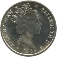 Isle of Man coin 5 Pence - Elizabeth II - Larger; 3'rd Portrait (1988 - 1990) obverse obverse of 5 Pence - Elizabeth II - Larger; 3'rd Portrait (1988 - 1990) coin with KM# 209.1 from Isle of Man. Inscription: ISLE OF MAN ELIZABETH II 1989