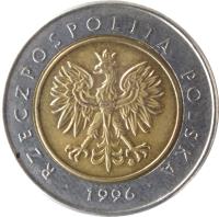 Poland coin 5 Złotych (1994 - 2015) obverse obverse of 5 Złotych (1994 - 2015) coin with Y# 284 from Poland. Inscription: RZECZPOSPOLITA POLSKA · 1996 ·