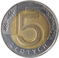 Poland coin 5 Złotych (1994 - 2015) reverse reverse of 5 Złotych (1994 - 2015) coin with Y# 284 from Poland. Inscription: 5 ZŁOTYCH