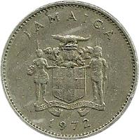 obverse of 10 Cents - Elizabeth II - Wide legend letters; Non magnetic (1969 - 1989) coin with KM# 47 from Jamaica. Inscription: JAMAICA OUT OF MANY, ONE PEOPLE 1969