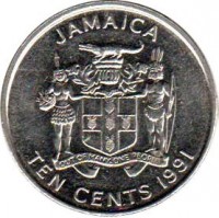 Jamaica coin 10 Cents - Elizabeth II (1991 - 1994) obverse obverse of 10 Cents - Elizabeth II (1991 - 1994) coin with KM# 146.1 from Jamaica. Inscription: JAMAICA OUT OF MANY, ONE PEOPLE TEN CENTS 1991