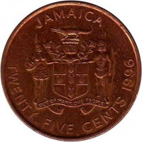 obverse of 25 Cents - Elizabeth II (1995 - 2003) coin with KM# 167 from Jamaica. Inscription: JAMAICA OUT OF MANY, ONE PEOPLE TWENTY FIVE CENTS 1996