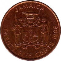 Jamaica coin 25 Cents - Elizabeth II (1995 - 2003) obverse obverse of 25 Cents - Elizabeth II (1995 - 2003) coin with KM# 167 from Jamaica. Inscription: JAMAICA OUT OF MANY, ONE PEOPLE TWENTY FIVE CENTS 1996