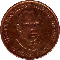 reverse of 25 Cents - Elizabeth II (1995 - 2003) coin with KM# 167 from Jamaica. Inscription: THE RT. EXCELLENT MARCUS GARVEY NATIONAL HERO
