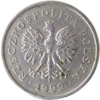 obverse of 1 Złoty (1990 - 2015) coin with Y# 282 from Poland. Inscription: RZECZPOSPOLITA POLSKA · 1992 ·