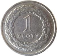 reverse of 1 Złoty (1990 - 2015) coin with Y# 282 from Poland. Inscription: 1 ZŁOTY