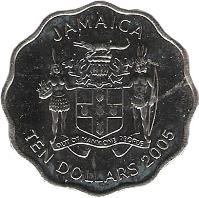 obverse of 10 Dollars - Elizabeth II - Scalloped (1999 - 2005) coin with KM# 181 from Jamaica. Inscription: JAMAICA OUT OF MANY, ONE PEOPLE TEN DOLLARS - 1999