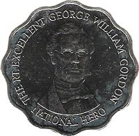 Jamaica coin 10 Dollars - Elizabeth II - Scalloped (1999 - 2005) reverse reverse of 10 Dollars - Elizabeth II - Scalloped (1999 - 2005) coin with KM# 181 from Jamaica. Inscription: THE RT. EXCELLENT GEORGE WILLIAM GORDON NATIONAL HERO