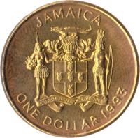 obverse of 1 Dollar - Elizabeth II - Non magnetic (1990 - 1993) coin with KM# 145 from Jamaica. Inscription: JAMAICA OUT OF MANY, ONE PEOPLE ONE DOLLAR 1991