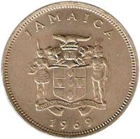 obverse of 20 Cents - Elizabeth II - Wide legend letters (1969 - 1990) coin with KM# 48 from Jamaica. Inscription: JAMAICA OUT OF MANY, ONE PEOPLE 1976