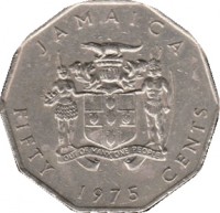obverse of 50 Cents - Elizabeth II - Wide legend letters (1975 - 1990) coin with KM# 65 from Jamaica. Inscription: JAMAICA OUT OF MANY, ONE PEOPLE FIFTY 1975 CENTS