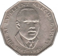 reverse of 50 Cents - Elizabeth II - Wide legend letters (1975 - 1990) coin with KM# 65 from Jamaica. Inscription: THE RT. EXCELLENT MARCUS GARVEY 1887-1940