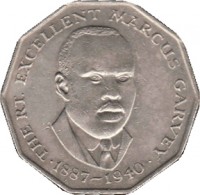 Jamaica coin 50 Cents - Elizabeth II - Wide legend letters (1975 - 1990) reverse reverse of 50 Cents - Elizabeth II - Wide legend letters (1975 - 1990) coin with KM# 65 from Jamaica. Inscription: THE RT. EXCELLENT MARCUS GARVEY 1887-1940