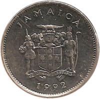 Jamaica coin 5 Cents - Elizabeth II - Wide legend letters; Magnetic (1990 - 1993) obverse obverse of 5 Cents - Elizabeth II - Wide legend letters; Magnetic (1990 - 1993) coin with KM# 46a from Jamaica. Inscription: JAMAICA 1990