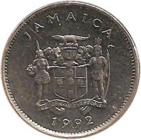 obverse of 5 Cents - Elizabeth II - Wide legend letters; Magnetic (1990 - 1993) coin with KM# 46a from Jamaica. Inscription: JAMAICA 1990