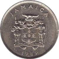 obverse of 25 Cents - Elizabeth II - Wide legend letters (1969 - 1990) coin with KM# 49 from Jamaica. Inscription: JAMAICA OUT OF MANY, ONE PEOPLE 1969