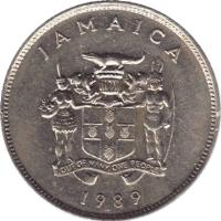 Jamaica coin 25 Cents - Elizabeth II - Wide legend letters (1969 - 1990) obverse obverse of 25 Cents - Elizabeth II - Wide legend letters (1969 - 1990) coin with KM# 49 from Jamaica. Inscription: JAMAICA OUT OF MANY, ONE PEOPLE 1969