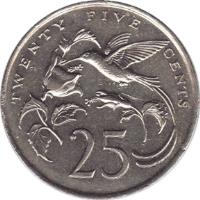 Jamaica coin 25 Cents - Elizabeth II - Wide legend letters (1969 - 1990) reverse reverse of 25 Cents - Elizabeth II - Wide legend letters (1969 - 1990) coin with KM# 49 from Jamaica. Inscription: TWENTY FIVE CENTS 25