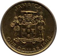 Jamaica coin 1 Dollar - Elizabeth II - Magnetic (1993 - 1994) obverse obverse of 1 Dollar - Elizabeth II - Magnetic (1993 - 1994) coin with KM# 145a from Jamaica. Inscription: JAMAICA ONE DOLLAR 1993 OUT OF MANY, ONE PEOPLE