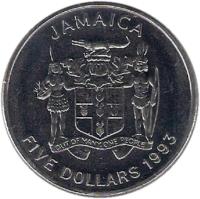 obverse of 5 Dollars - Elizabeth II (1993) coin with KM# 157 from Jamaica. Inscription: JAMAICA OUT OF MANY, ONE PEOPLE FIVE DOLLARS 1993