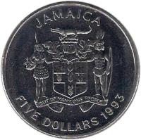 Jamaica coin 5 Dollars - Elizabeth II (1993) obverse obverse of 5 Dollars - Elizabeth II (1993) coin with KM# 157 from Jamaica. Inscription: JAMAICA OUT OF MANY, ONE PEOPLE FIVE DOLLARS 1993
