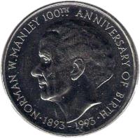 reverse of 5 Dollars - Elizabeth II (1993) coin with KM# 157 from Jamaica. Inscription: NORMAN W.MANLEY 100TH ANNIVERSARY OF BIRTH · 1893-1993 ·