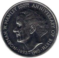 Jamaica coin 5 Dollars - Elizabeth II (1993) reverse reverse of 5 Dollars - Elizabeth II (1993) coin with KM# 157 from Jamaica. Inscription: NORMAN W.MANLEY 100TH ANNIVERSARY OF BIRTH · 1893-1993 ·