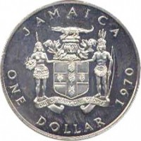 Jamaica coin 1 Dollar - Elizabeth II (1969 - 1970) obverse obverse of 1 Dollar - Elizabeth II (1969 - 1970) coin with KM# 50 from Jamaica. Inscription: JAMAICA OUT OF MANY, ONE PEOPLE ONE DOLLAR 1970