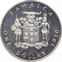 obverse of 1 Dollar - Elizabeth II (1969 - 1970) coin with KM# 50 from Jamaica. Inscription: JAMAICA OUT OF MANY, ONE PEOPLE ONE DOLLAR 1970