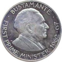 Jamaica coin 1 Dollar - Elizabeth II (1969 - 1970) reverse reverse of 1 Dollar - Elizabeth II (1969 - 1970) coin with KM# 50 from Jamaica. Inscription: · BUSTAMANTE · FIRST PRIME MINISTER 1962-67