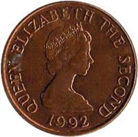 obverse of 2 Pence - Elizabeth II - 2'nd Portrait (1983 - 1992) coin with KM# 55 from Jersey. Inscription: QUEEN ELIZABETH THE SECOND 1987
