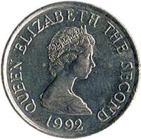 obverse of 10 Pence - Elizabeth II - Smaller; 2'nd Portrait (1992 - 1997) coin with KM# 57.2 from Jersey. Inscription: QUEEN ELIZABETH THE SECOND 1992