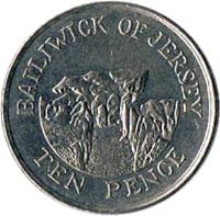 reverse of 10 Pence - Elizabeth II - Smaller; 2'nd Portrait (1992 - 1997) coin with KM# 57.2 from Jersey. Inscription: BAILIWICK OF JERSEY TEN PENCE