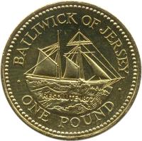 Jersey coin 1 Pound - Elizabeth II - 19th Century Jersey Shipbuilding - 4'th Portrait (1998 - 2006) reverse reverse of 1 Pound - Elizabeth II - 19th Century Jersey Shipbuilding - 4'th Portrait (1998 - 2006) coin with KM# 101 from Jersey. Inscription: BAILIWICK OF JERSEY RESOLUTE 1877 · ONE POUND ·