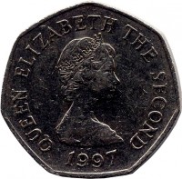 obverse of 50 Pence - Elizabeth II - Smaller; 2'nd Portrait (1997) coin with KM# 58.2 from Jersey. Inscription: QUEEN ELIZABETH THE SECOND 1997