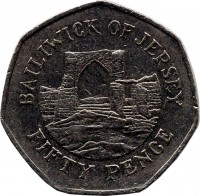 Jersey coin 50 Pence - Elizabeth II - Smaller; 2'nd Portrait (1997) reverse reverse of 50 Pence - Elizabeth II - Smaller; 2'nd Portrait (1997) coin with KM# 58.2 from Jersey. Inscription: BAILIWICK OF JERSEY FIFTY PENCE