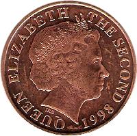 obverse of 2 Pence - Elizabeth II - 4'th Portrait (1998 - 2008) coin with KM# 104 from Jersey. Inscription: QUEEN ELIZABETH THE SECOND 1998 IRB