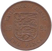 reverse of 2 Pence - Elizabeth II - 2'nd Portrait (1981) coin with KM# 47 from Jersey. Inscription: BAILIWICK OF JERSEY 19 81 TWO PENCE