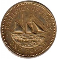 reverse of 1 Pound - Elizabeth II - 19th Century Jersey Shipbuilding - 2'nd Portrait (1994 - 1997) coin with KM# 91 from Jersey. Inscription: BAILIWICK OF JERSEY RESOLUTE 1877 · ONE POUND ·