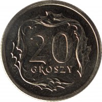 reverse of 20 Groszy (1990 - 2015) coin with Y# 280 from Poland. Inscription: 20 GROSZY
