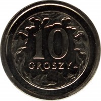 reverse of 10 Groszy (1990 - 2015) coin with Y# 279 from Poland. Inscription: 10 GROSZY