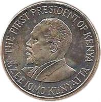 Kenya coin 1 Shilling (2005 - 2010) obverse obverse of 1 Shilling (2005 - 2010) coin with KM# 34 from Kenya. Inscription: THE FIRST PRESIDENT OF KENYA · MZEE JOMO KENYATTA ·