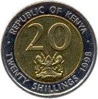 reverse of 20 Shillings (1998) coin with KM# 32 from Kenya. Inscription: REPUBLIC OF KENYA 20 TWENTY SHILLINGS 1998 HARAMBEE
